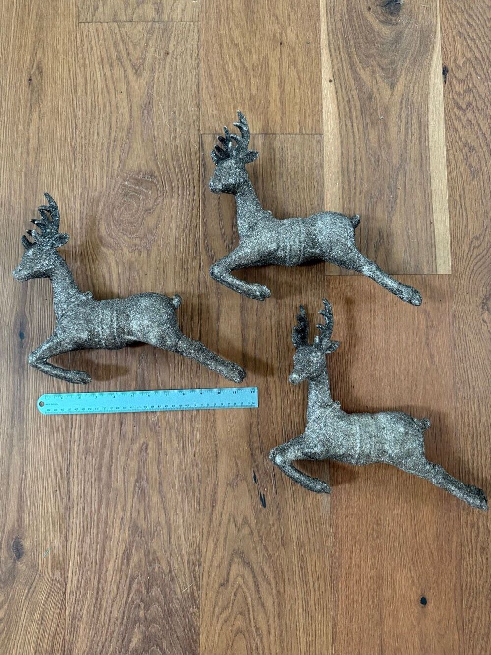 3 Vintage 12” Large Gunmetal Silver Grey Glitter Leaping Reindeer Ornaments